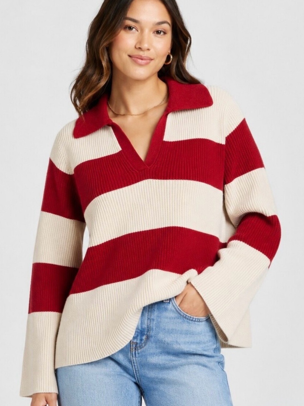 A New Day Collared V-Neck Sweater Striped